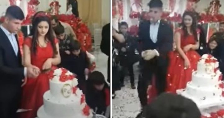 Slechtgeluimde bruidegom gaat loco tijdens aansnijden taart en vernielt wat dingen