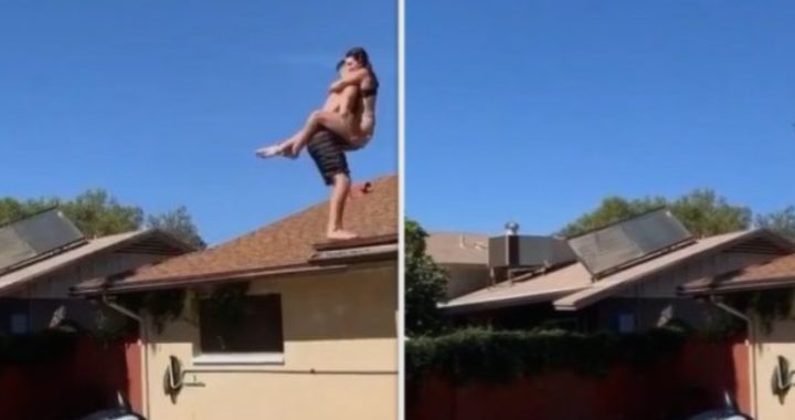 Koppel haalt levensgevaarlijke stunt uit met dak en zwembad